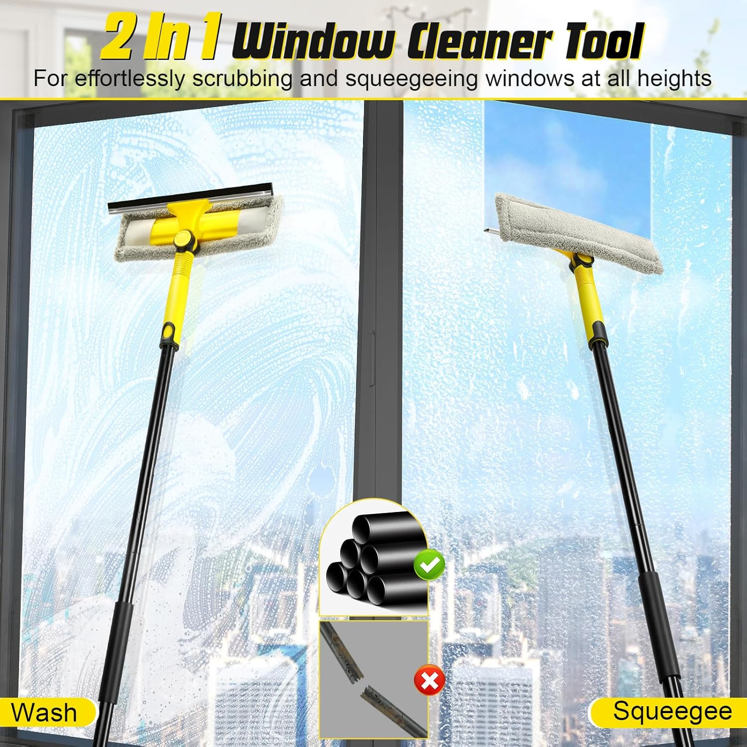 Professional Window Squeegee with 60" Extension Pole for Home | 2 in 1 Squeegee