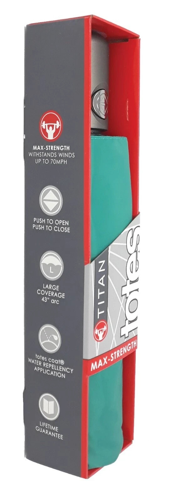 totes Titan Auto-Open-Close MAX STRENGTH Umbrella 43" arc Aqua/Jade Green NEW