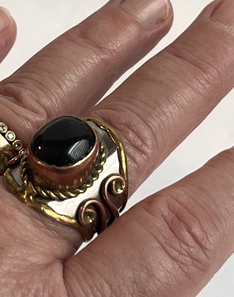 Black Onyx Stone Cuff Ring Adjustable Boho Handcrafted Mixed Metal Ring
