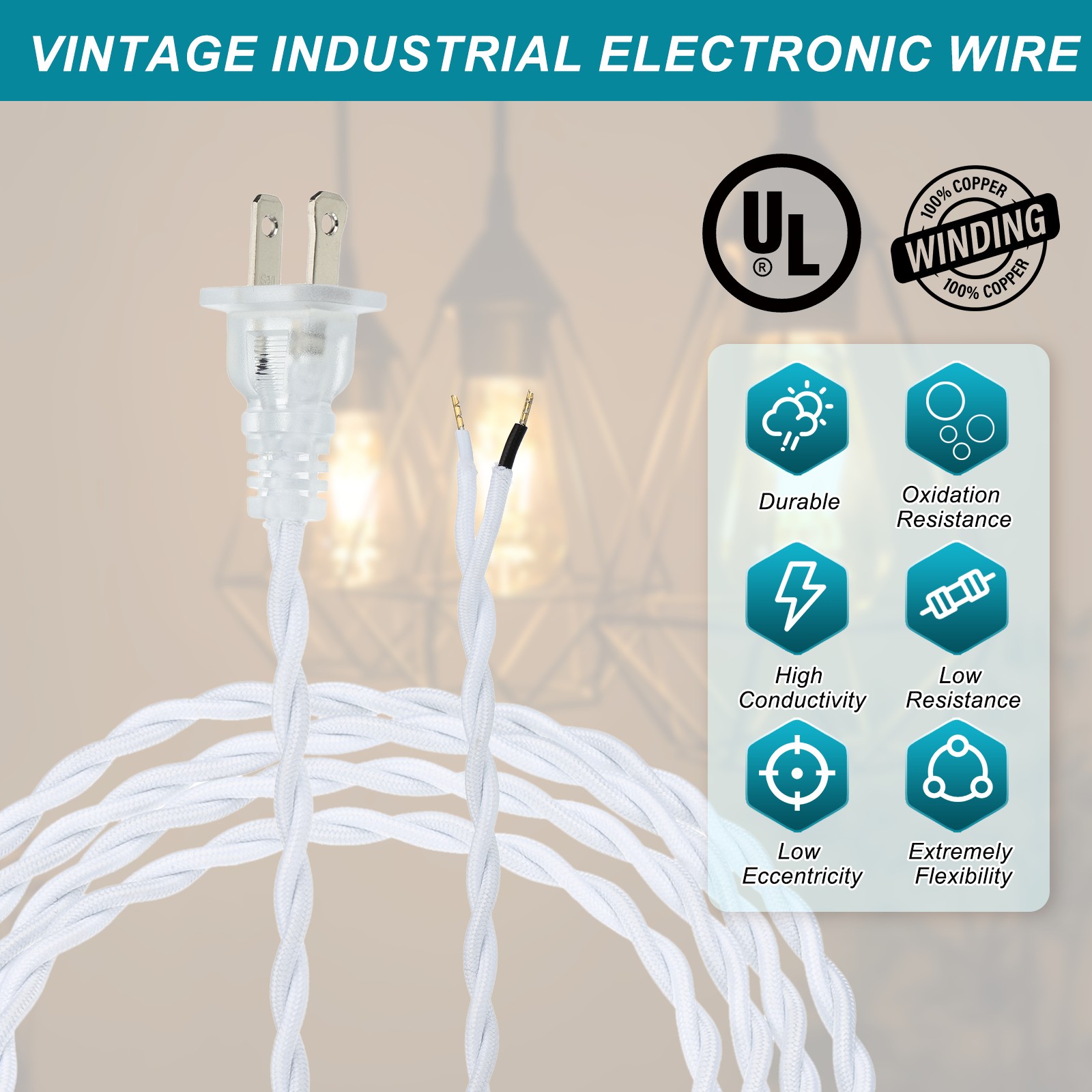 3 Pcs 8Ft 18/2 Twisted Cloth Lamp Cord with Plug, White
