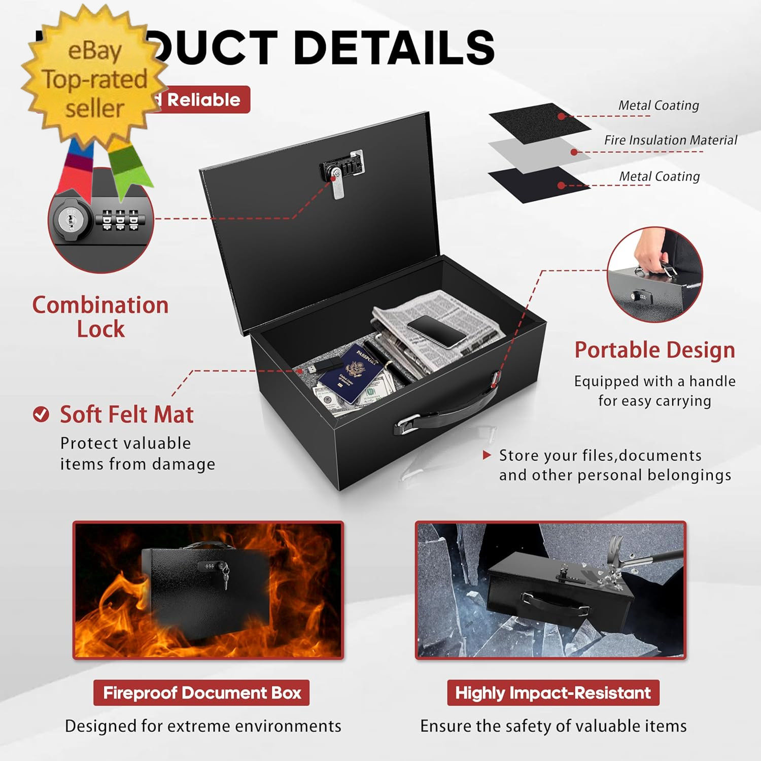 Fireproof Lock Box with Key and Combination Lock, Fire Safe Document Box, Portab