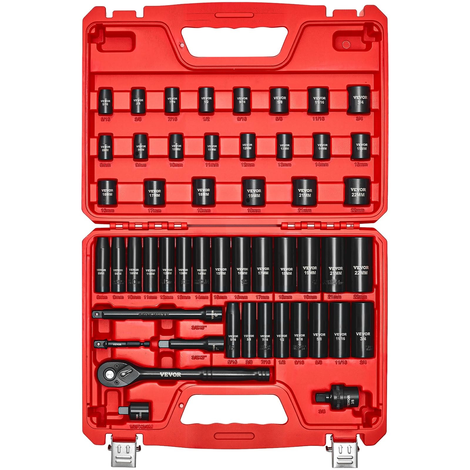 3/8" Drive Impact Socket Set, 50-Piece Standard SAE (5/16 to 3/4 inch) & Metric