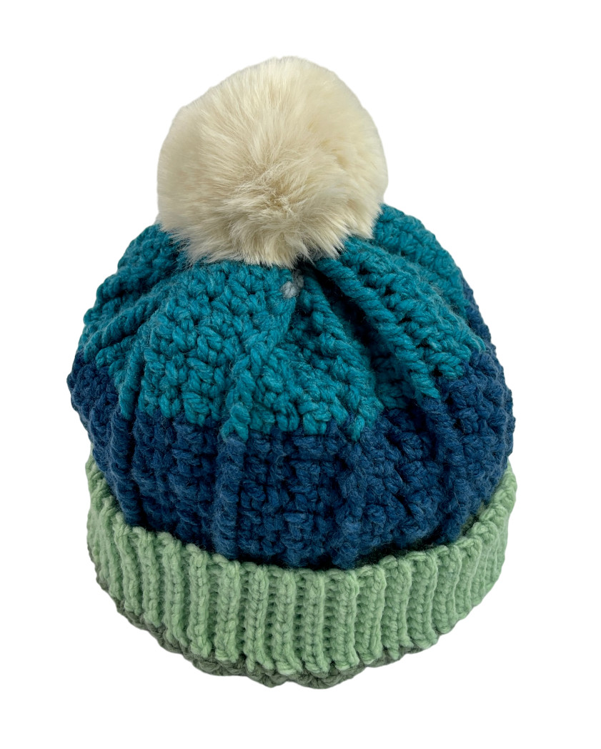 HANDMADE CROCHET Beanie Adult Thick Yarn Faux Fur Pom Pom Turn-Up Cuff