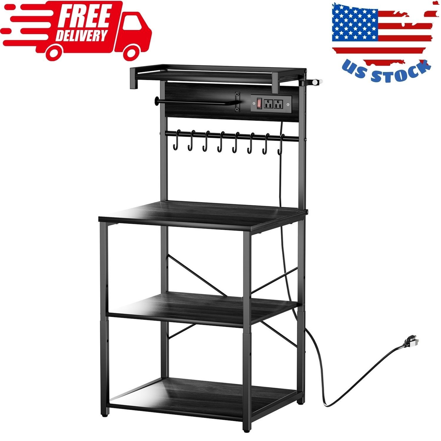 Kitchen Bakers Rack with Power Outlet, 4.6ft Cable, 23.6" Wide, 8 Hooks, Storage