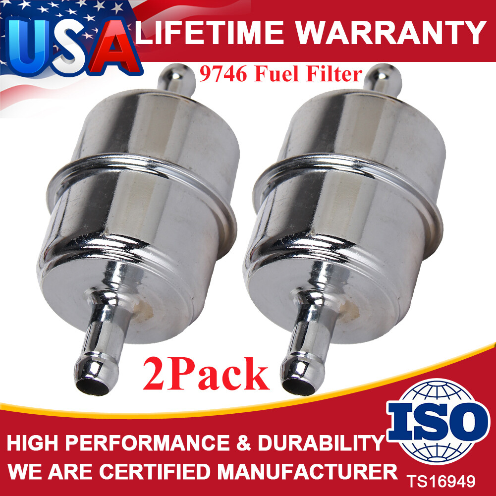 2 New Universal Chrome Canister Inline Fuel Gas Filter 3/8" Hose Barb Carburetor