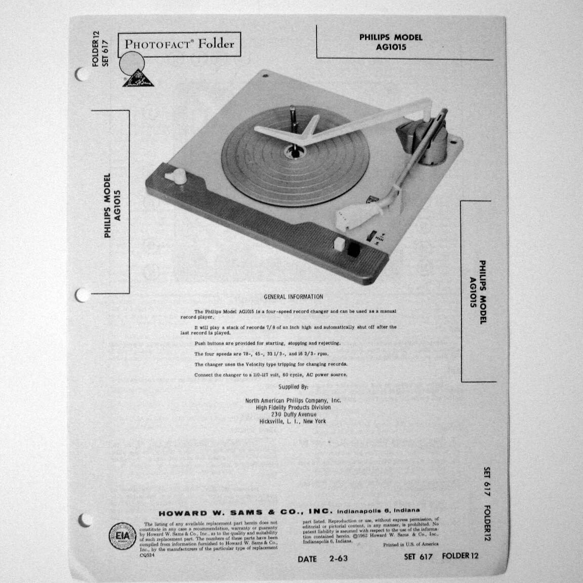 Philips Model AG1015 Record Player Changer - SAMS Photofact ™ 1963 - New NOS