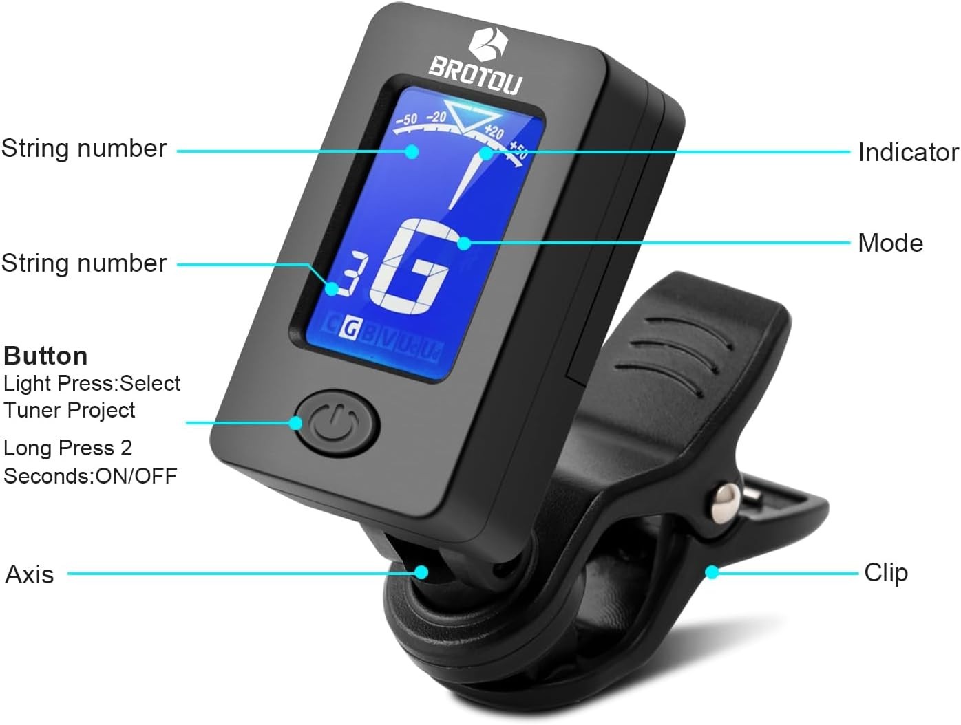 Guitar Tuner Clip-On with LCD Display & Capo for All String Instruments