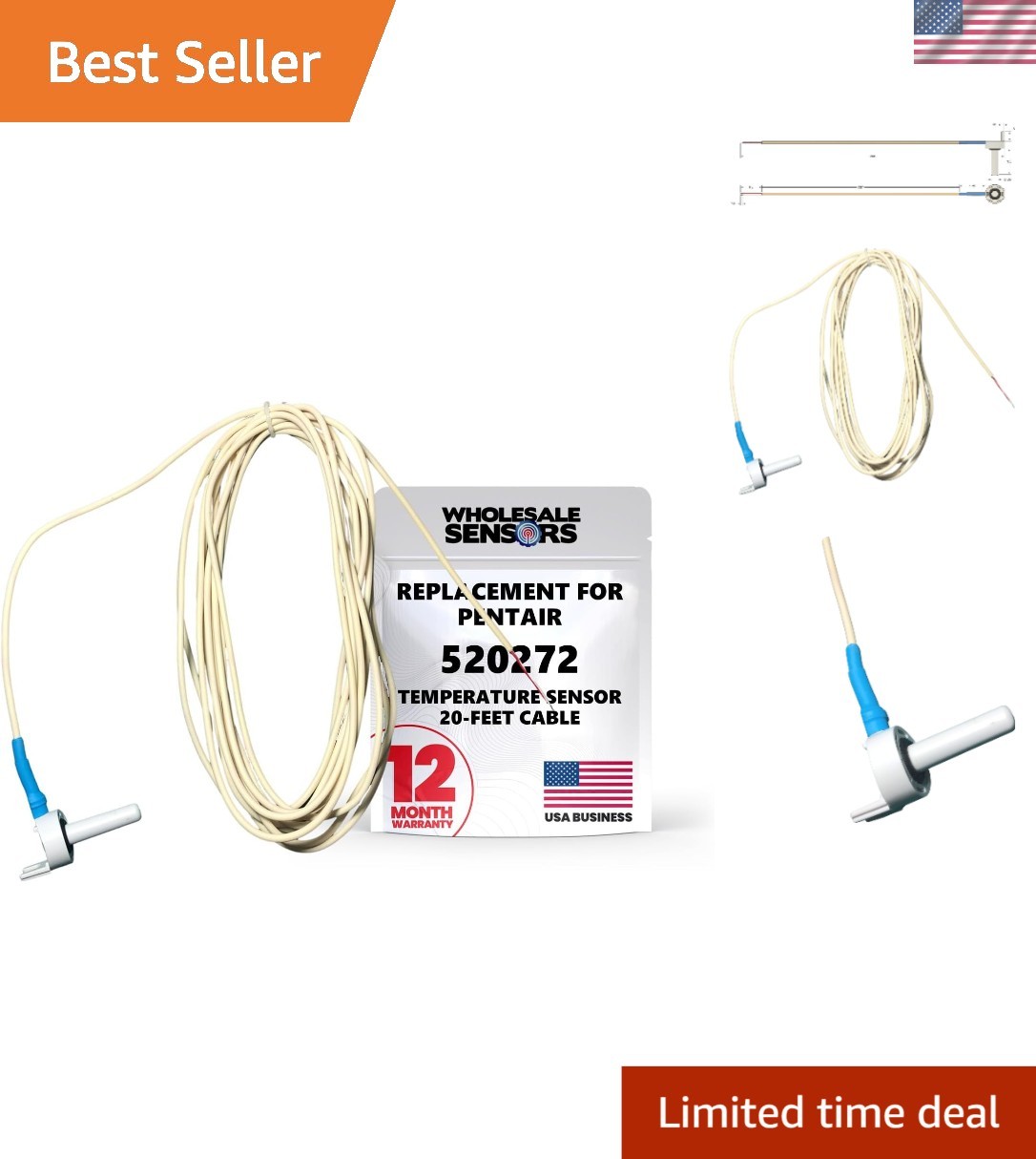 Pentair 520272 Replacement Temperature Sensor with 20FT Cable – 2-