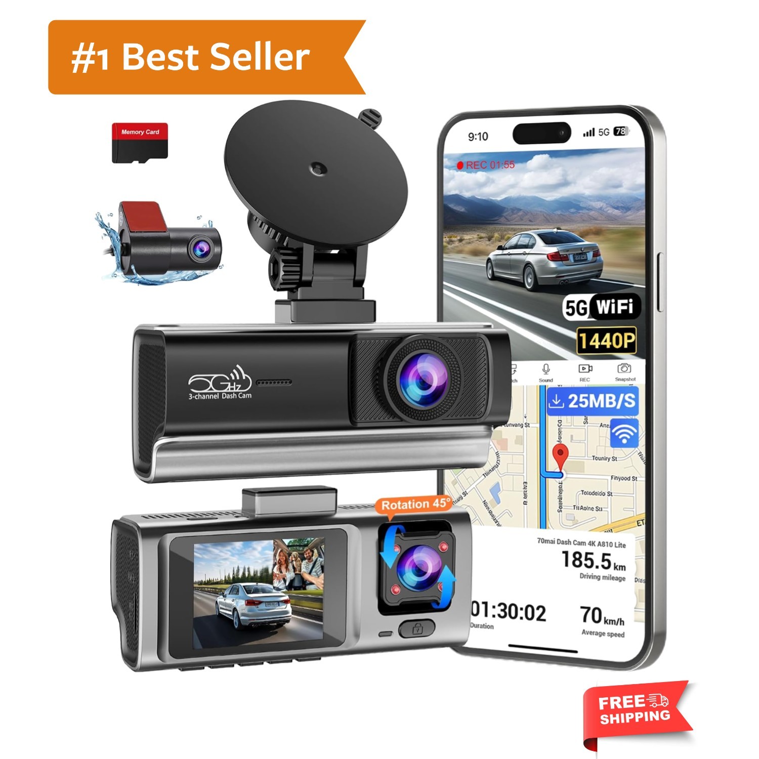 3 Channel 2.5K Dash Cam with 5GHz WiFi & APP Control, 2.5K+1080P+1080P Front ...