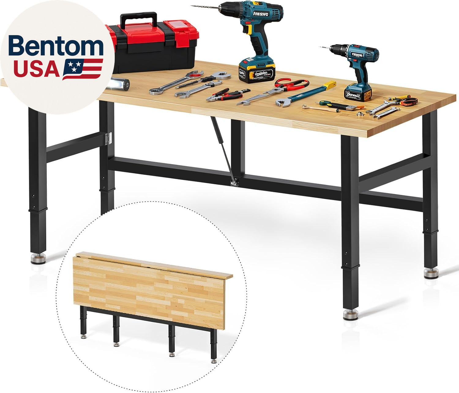 60” Folding Workbench, 2000 LBS Capacity Heavy Duty Workbench, Height Adjustable