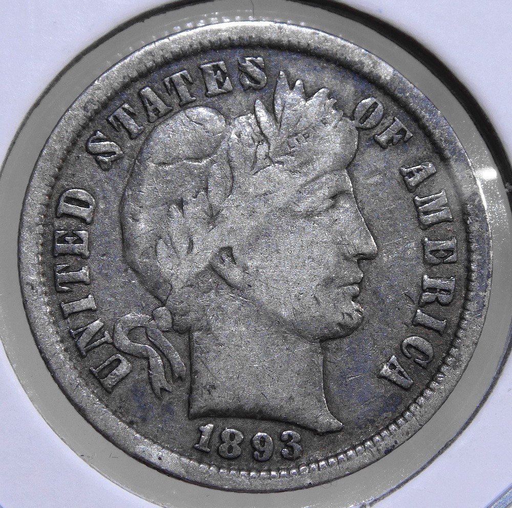 1893 Barber Dime, Fine, Heavy Reverse Die Chips    0515-06