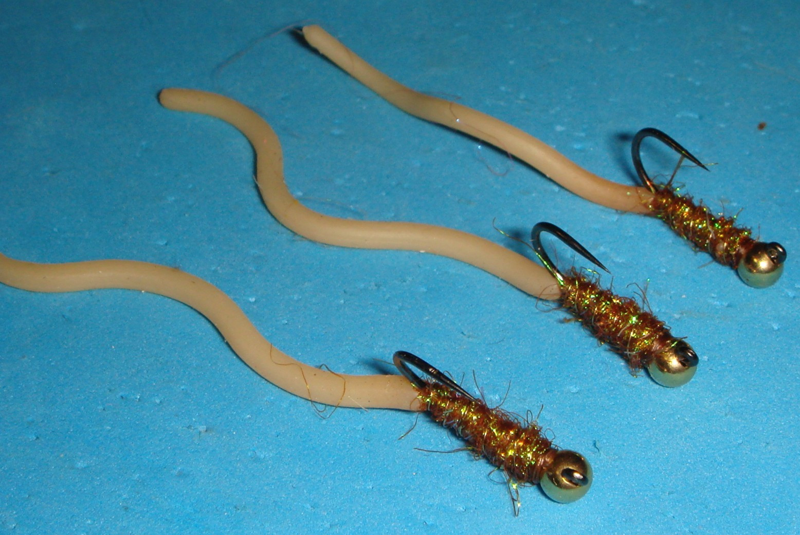 FLY FISHING FLIES - Tan/Brn SQUIRMY WORM EURO JIG Nymphs (TNG) size #10 (6 pcs.)