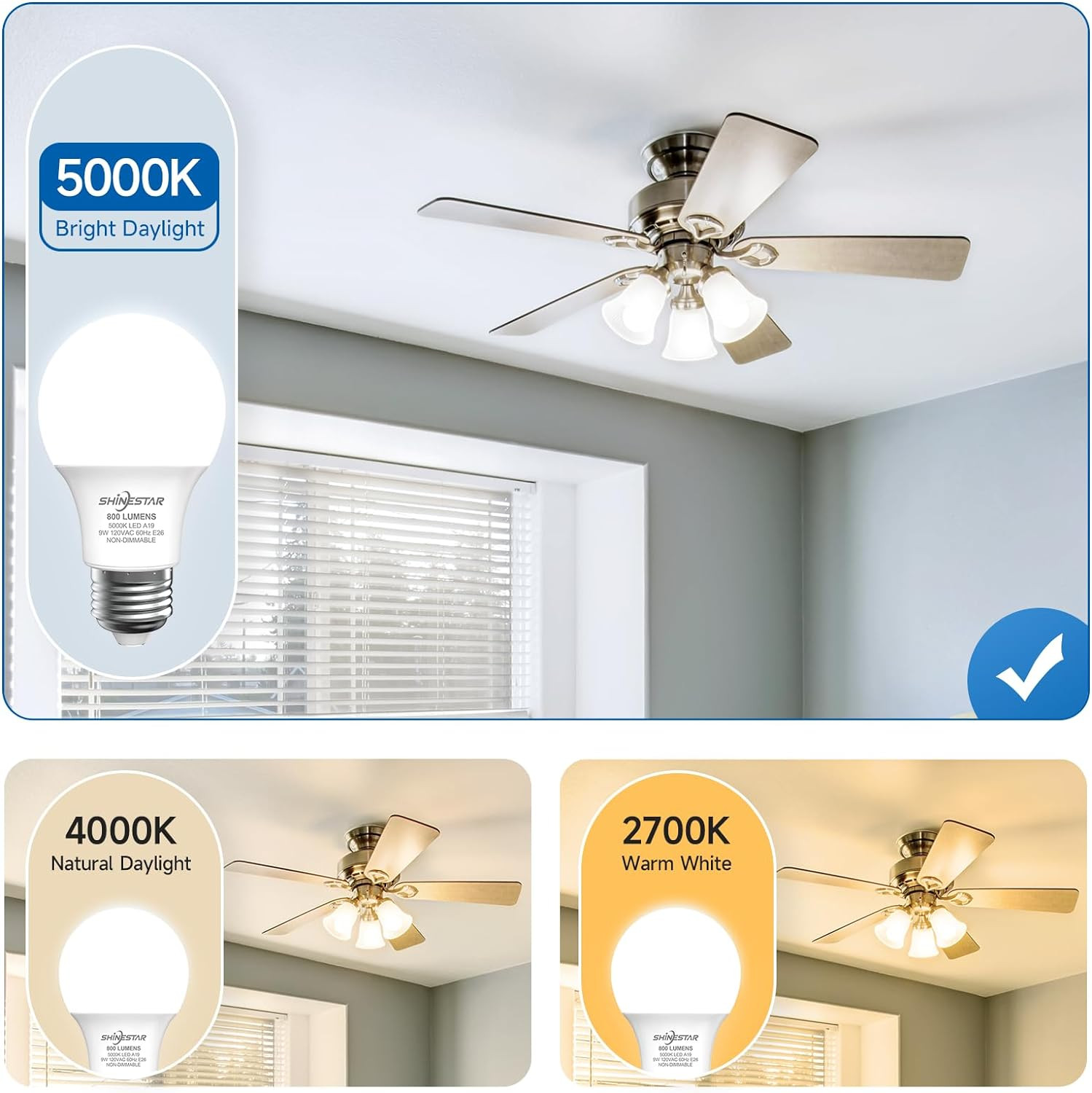 SHINESTAR A19 LED Light Bulb, 60 Watt Light Bulbs 5000K Daylight White, E26 Stan