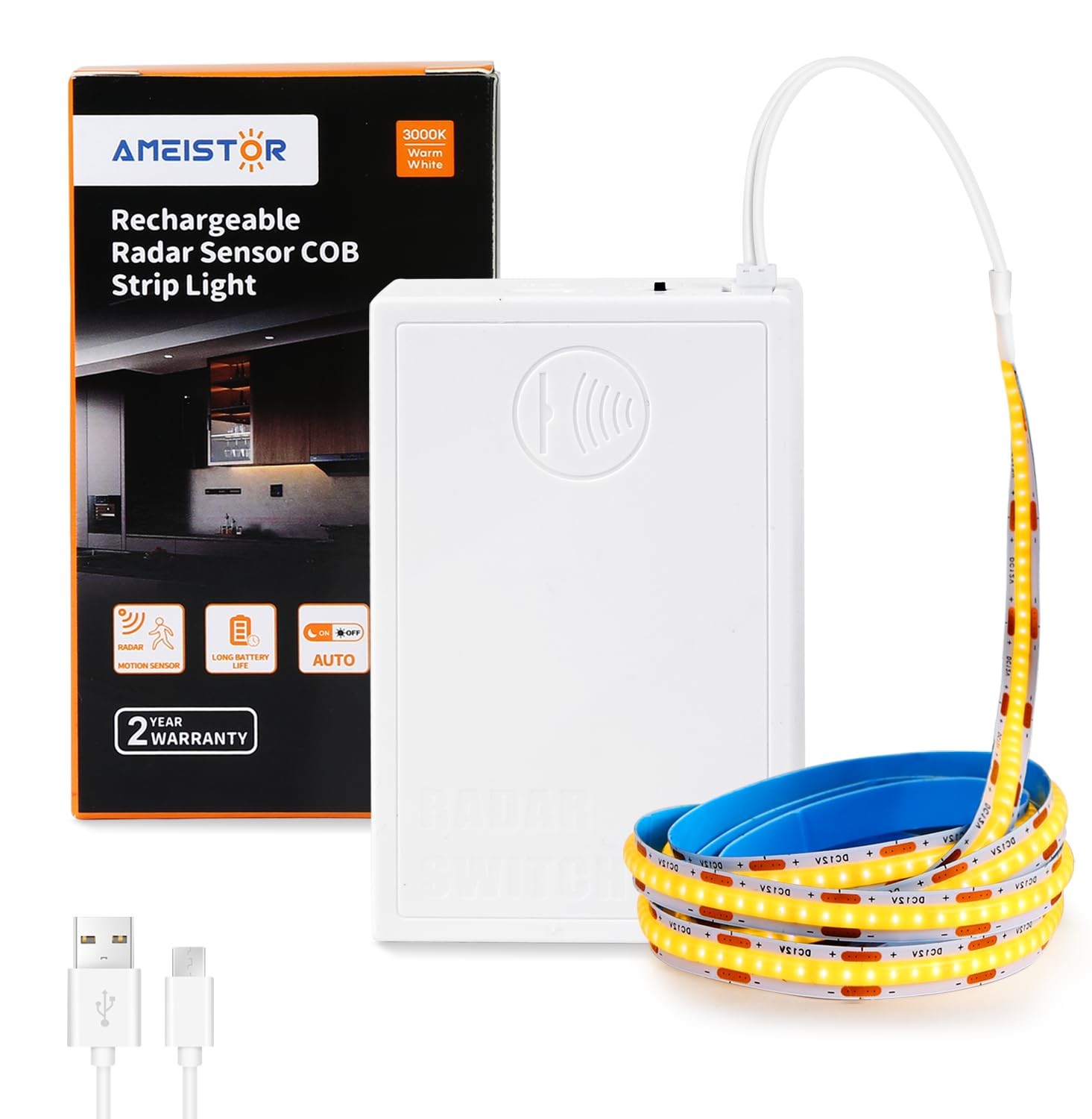 Rechargeable Motion Sensor COB Strip Light, 6000mAh Battery Operated Night Li...