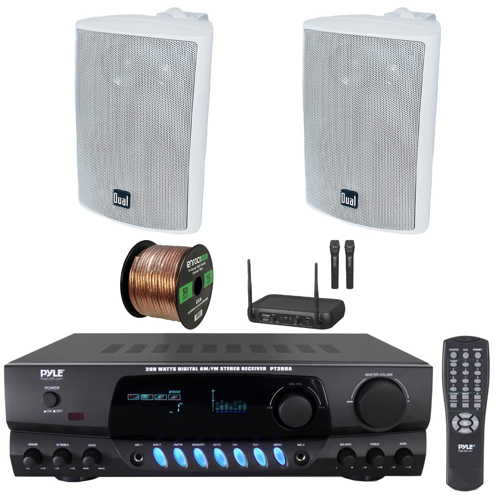Pyle PT260A Home Audio Receiver, 4" 200 Watt Max White Speakers, 2x Mic System