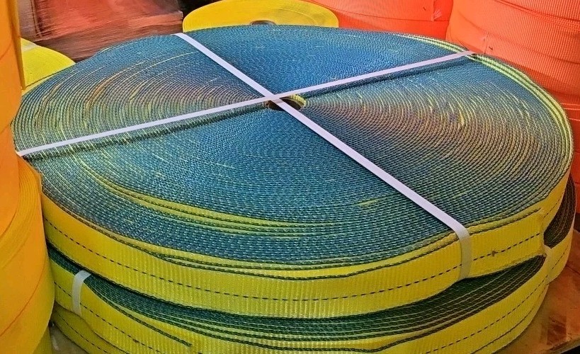325' Roll of 2" Yellow w/ Blue Center Stitch & Blue Edging Tie Down Webbing 3 Av