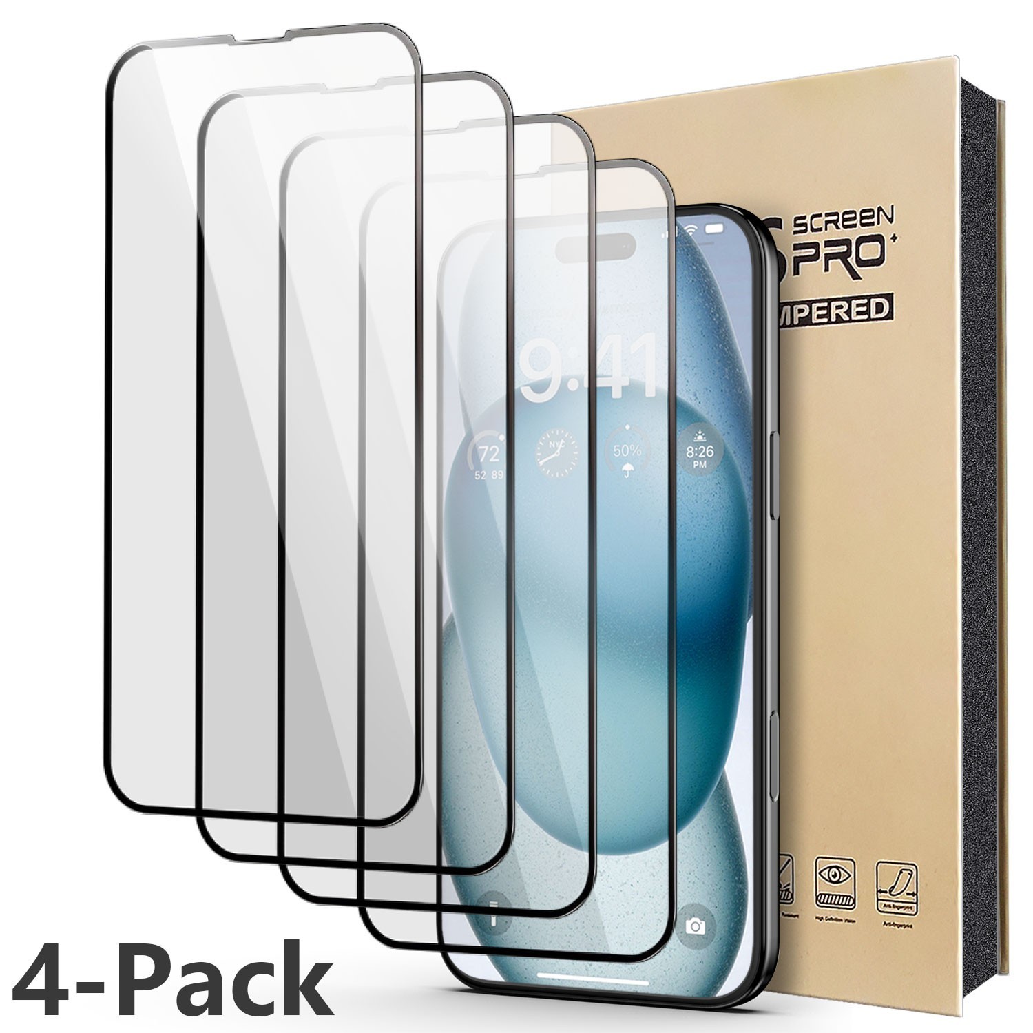 (4 Pack) Full Cover Tempered Glass Screen Protector For iPhone 15, 15 Series