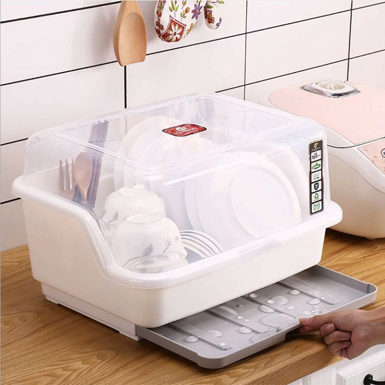 Medium Size Dish Drying Rack and Drain Board with Lid Cover, Tomorotec 16" x ...