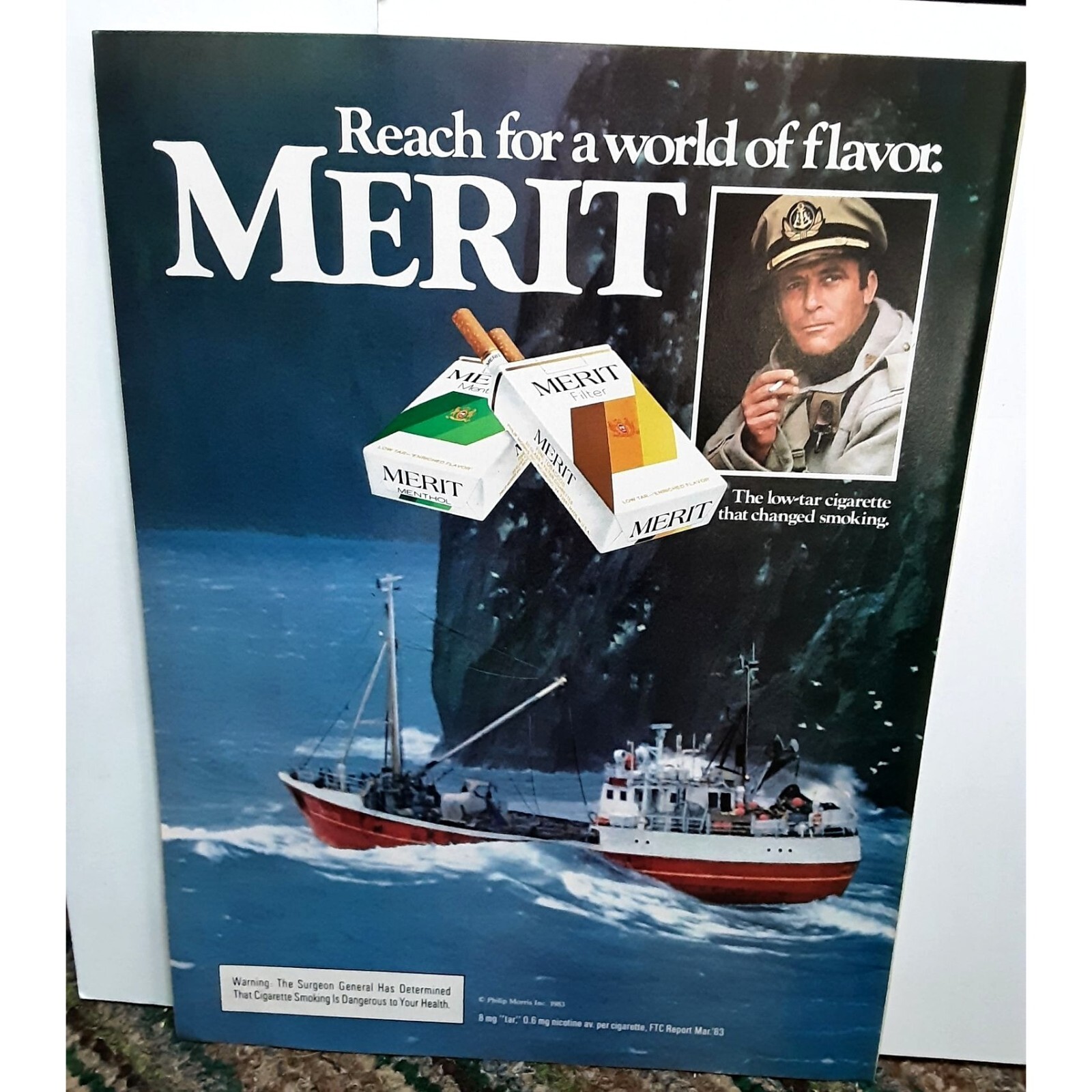 1984 Merit Cigarettes Captain Boat Ship Original Print Ad