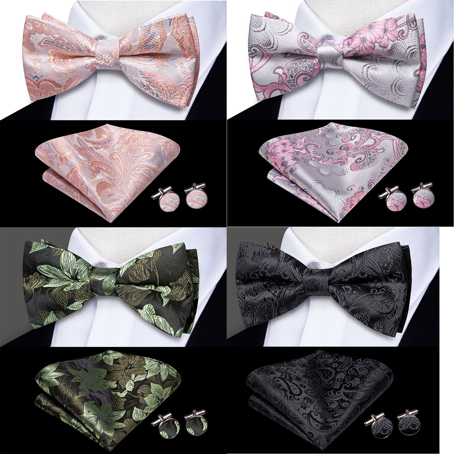 Gold Paisley Mens Bow Tie Cufflinks Hanky Set Wedding Prom Party Set