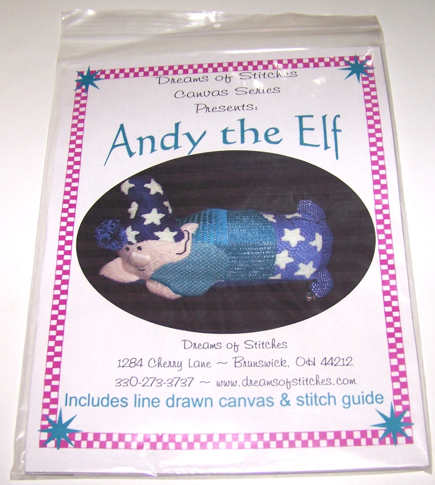 Dreams of Stitches ANDY THE ELF Christmas Needlepoint Stitch Chart & Canvas