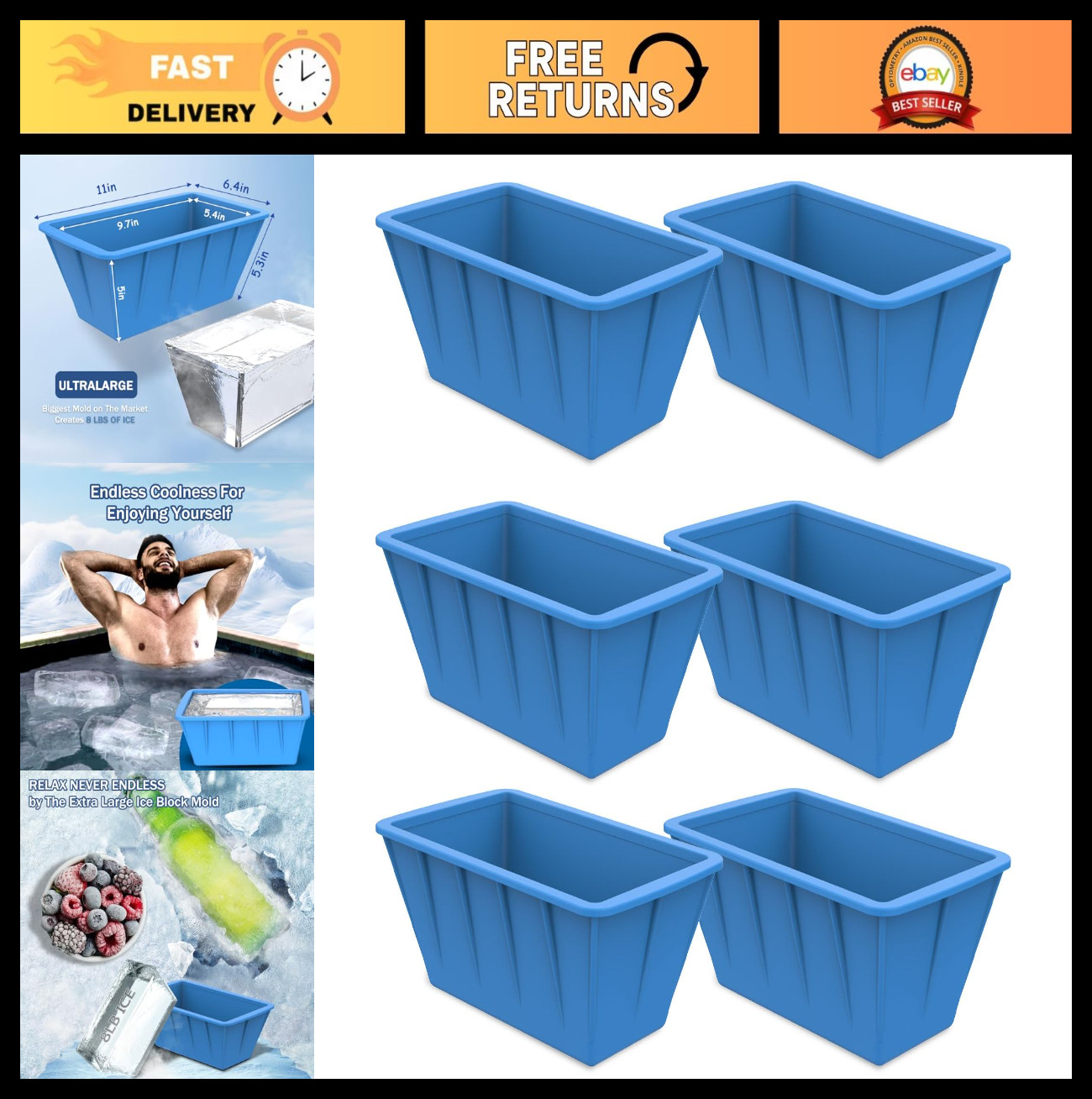6-Pack Extra Large Silicone Ice Block Molds for Cold Plunge Tub & Ice Baths