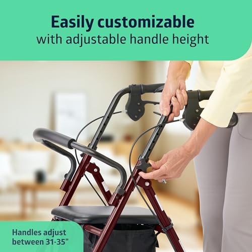 Medline Steel Rollator Walker for Adult Mobility Impairment, Burgundy, 350 lb. W