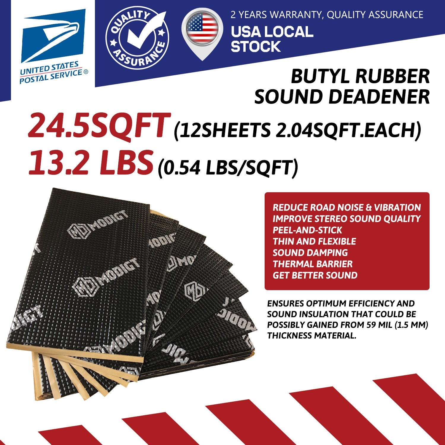 59Mil Car Sound Deadening Mat, 24 Sqft, Butyl Insulation & Vibration Dampening