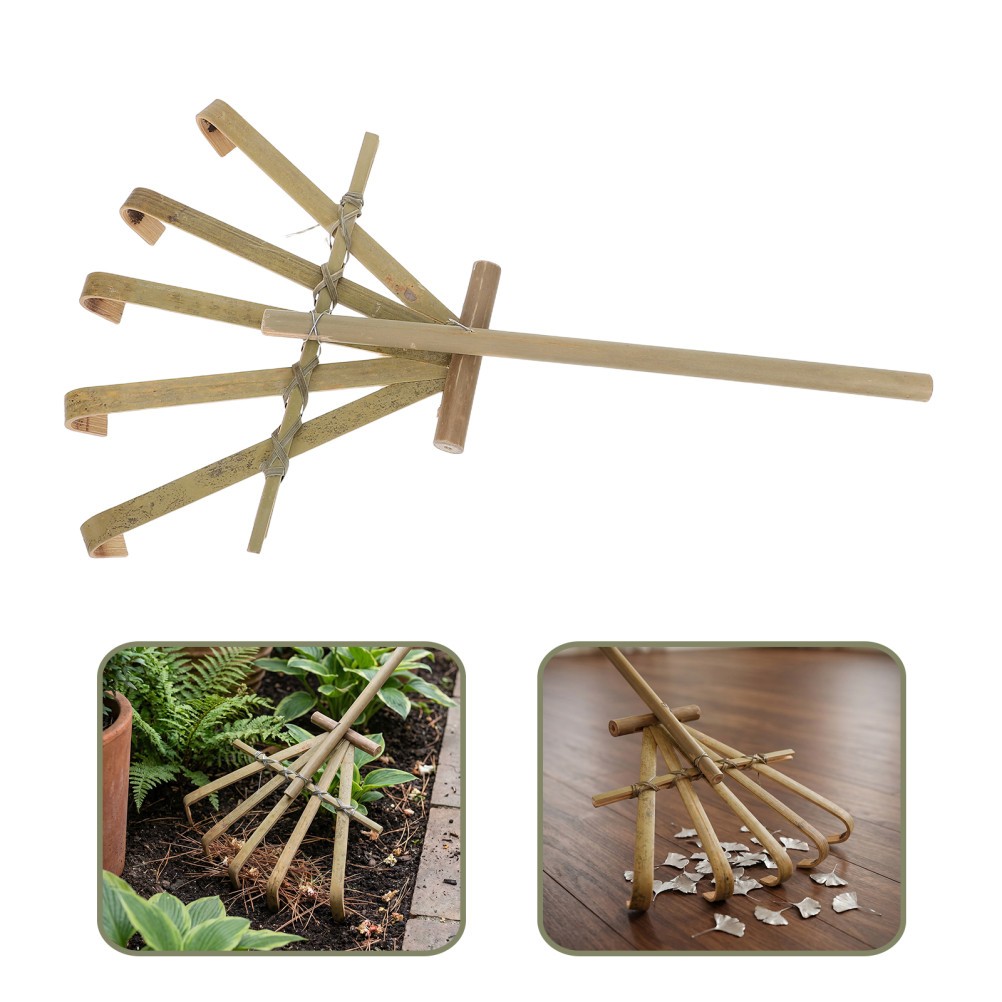 Compact Bamboo Leaf Rake Small Garden Tool for Balcony and Flower Bed Use