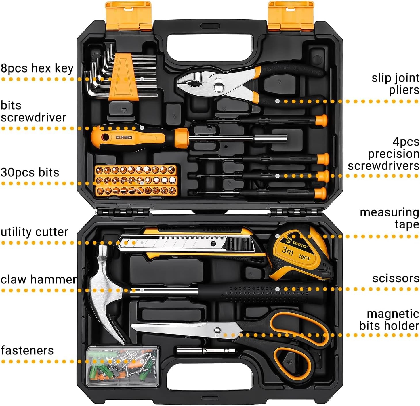 DEKOPRO General Household Hand Tool Kit with Plastic Toolbox 50PCS Yellow