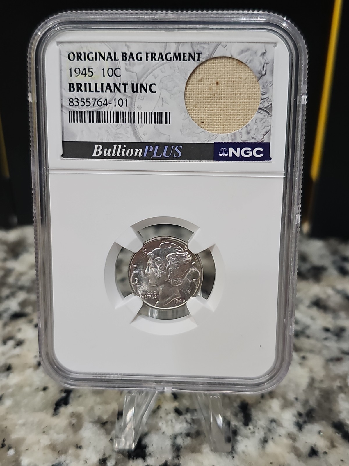 1945 D 10C Brilliant UNC Mercury Dime W/ Original Bag Fragment 90% silver NGC