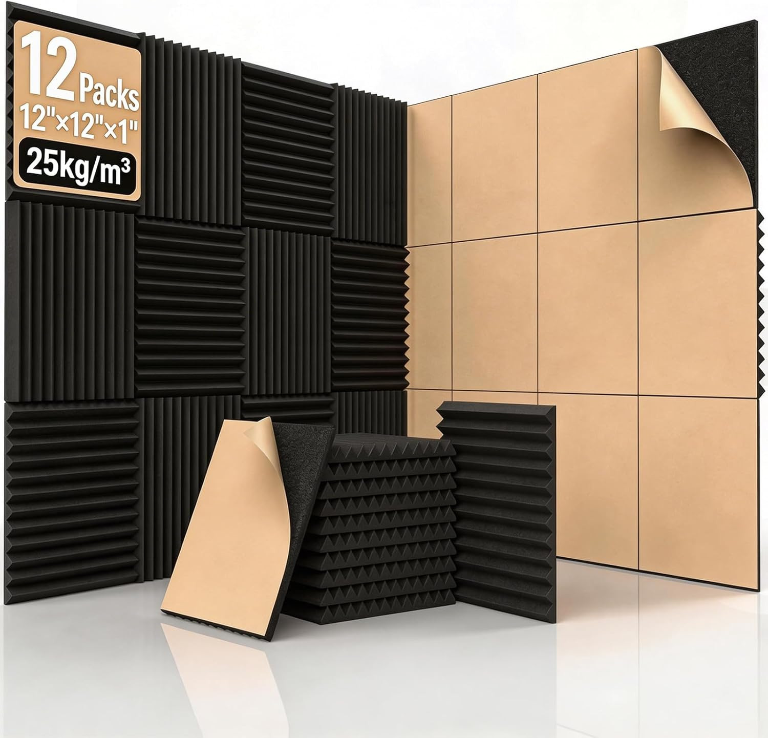12 Pack Self-Adhesive Acoustic Foam Panels, 12" X 12" X 1" Sound Proofing Paddin