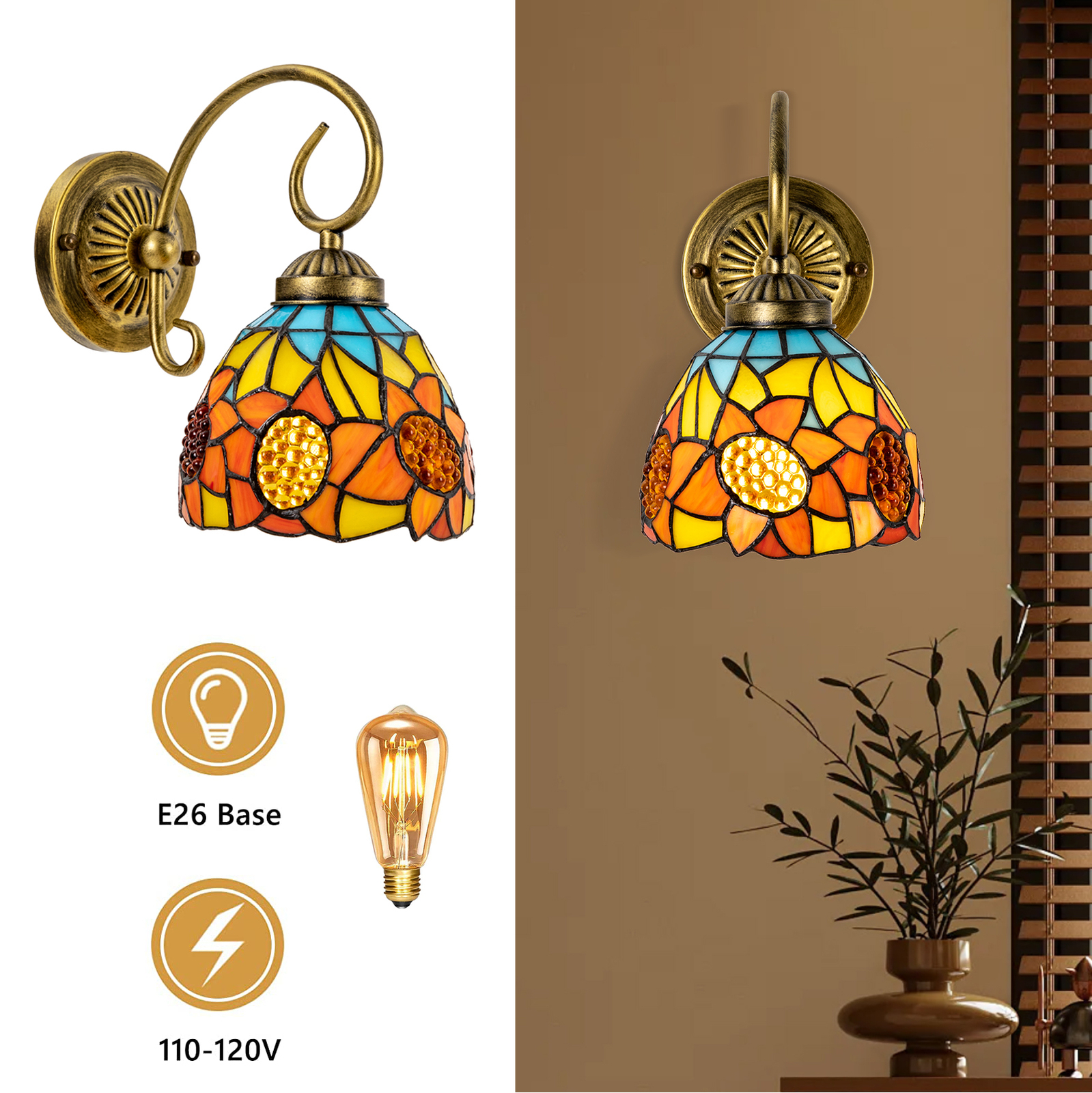 110V Wall Sconce Lamp Tiffany Vintage Stained Glass Wall Light Indoor E26