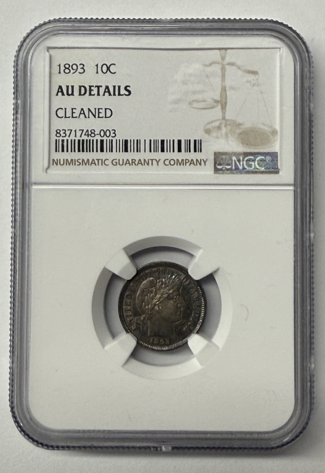 1893 BARBER DIME NGC AU DETAILS CLEANED