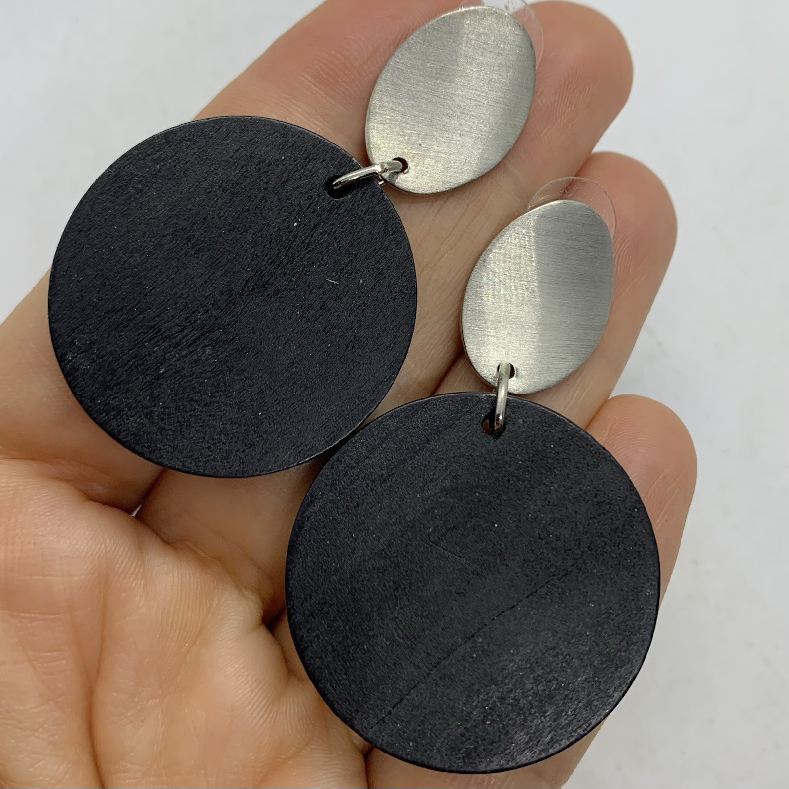 Modernist Black Wooden Disc Brushed Silvertone Statement Earrings Post Large
