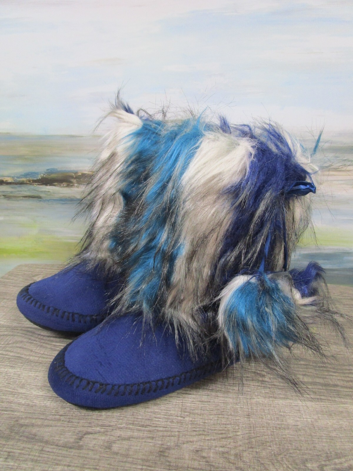 Adrienne Landau Fuzzy Booties Royal Blue Faux Fur Slip On Casual NEW