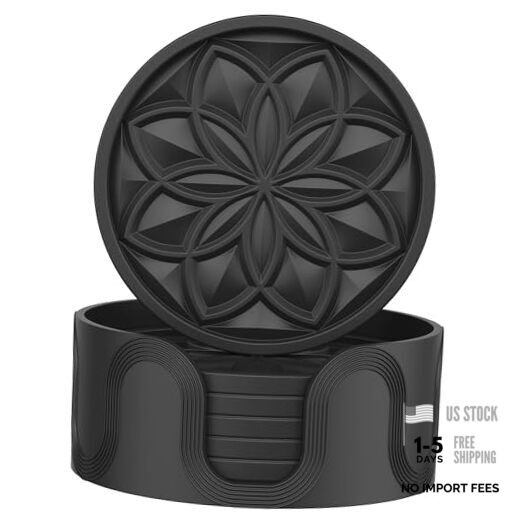 Silicone Coasters Set with Holder - 6 Pack Drink Coasters for Pure Black