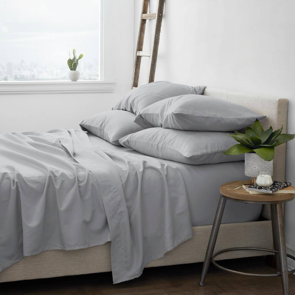6-Piece Light Gray Solid Microfiber King Sheet Set Free Shipping New