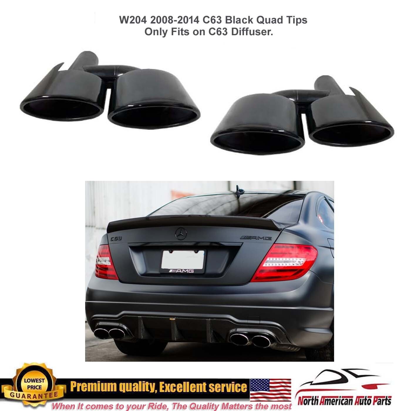 C63 Quad Black Muffler Tips C250 C300 C350 W204 2008-2014 C-Class New Parts