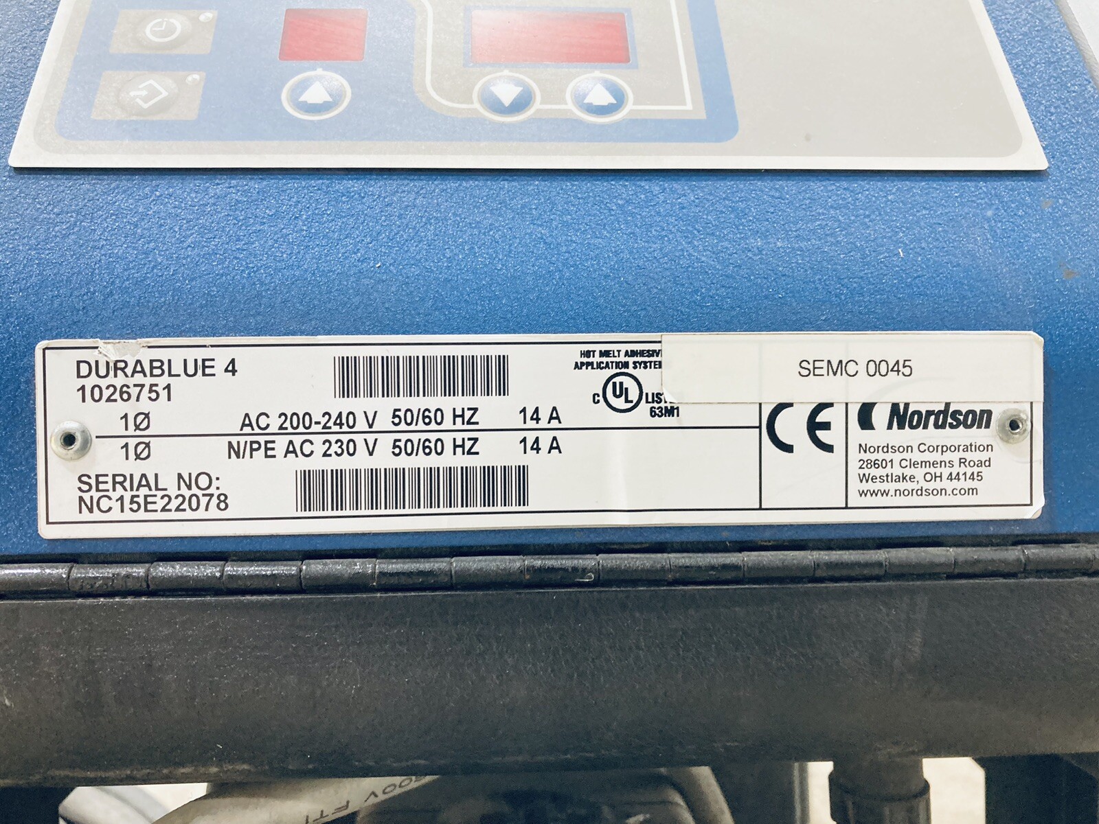 NORDSON DURABLUE 4 HOT MELT GLUE DISPENSER 200-240V 50/60Hz 14A 1PH