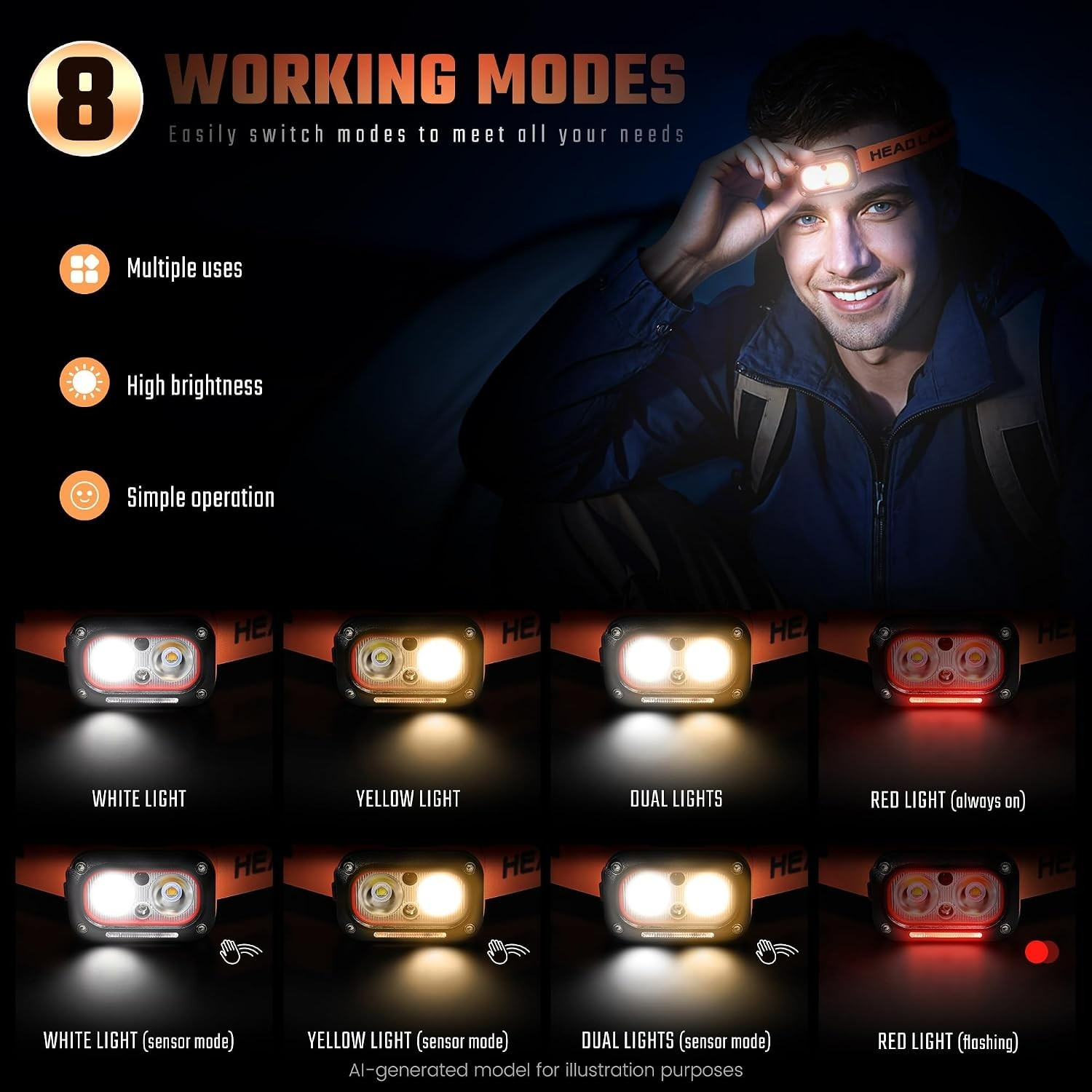 High Lumens USB Rechargeable Headlamp with Motion Sensor - Waterproof Dual Light