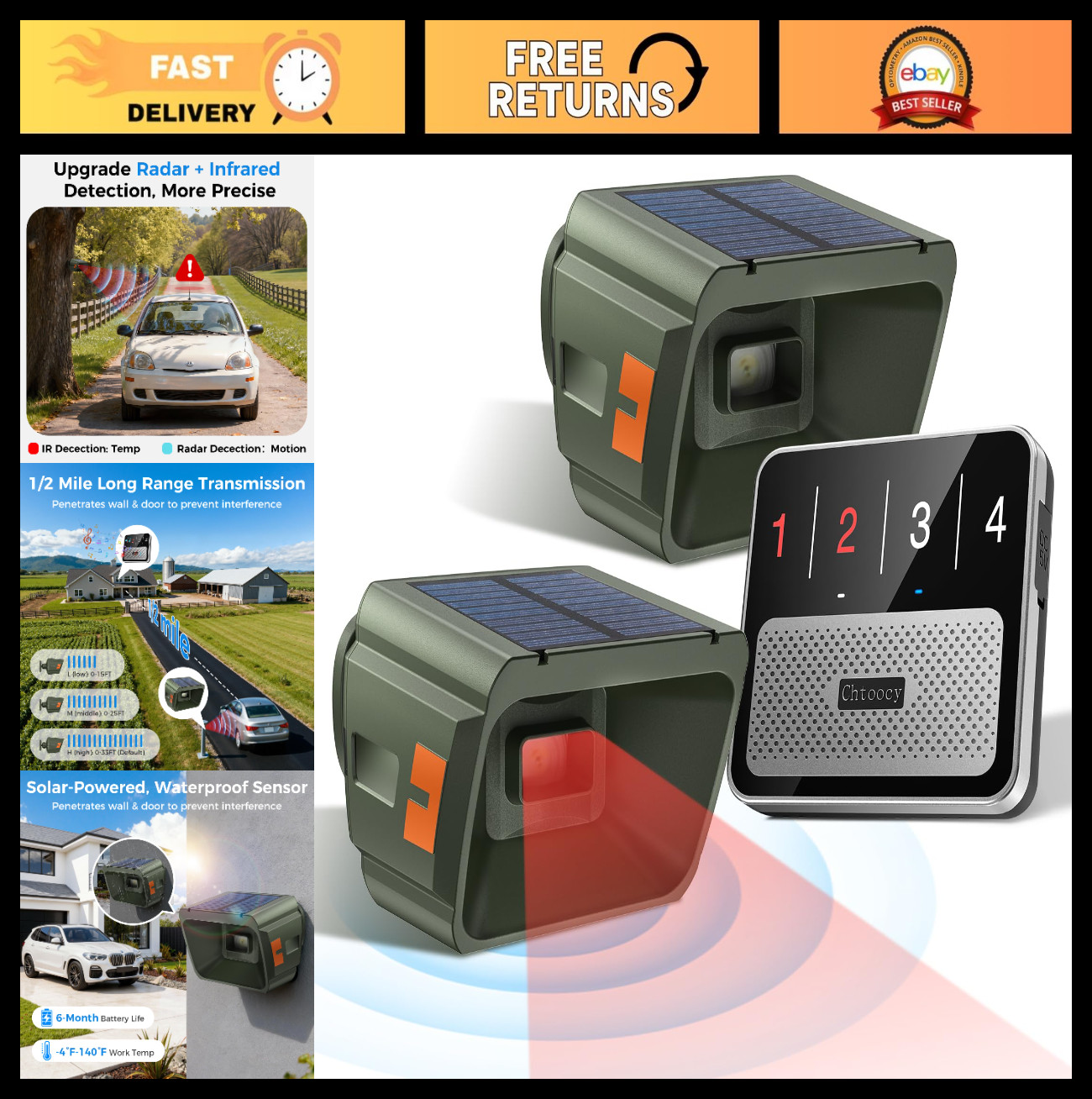 Wireless Driveway Alarm - Radar & IR Dual Detection, 1/2 Mile Range, Solar, Wate
