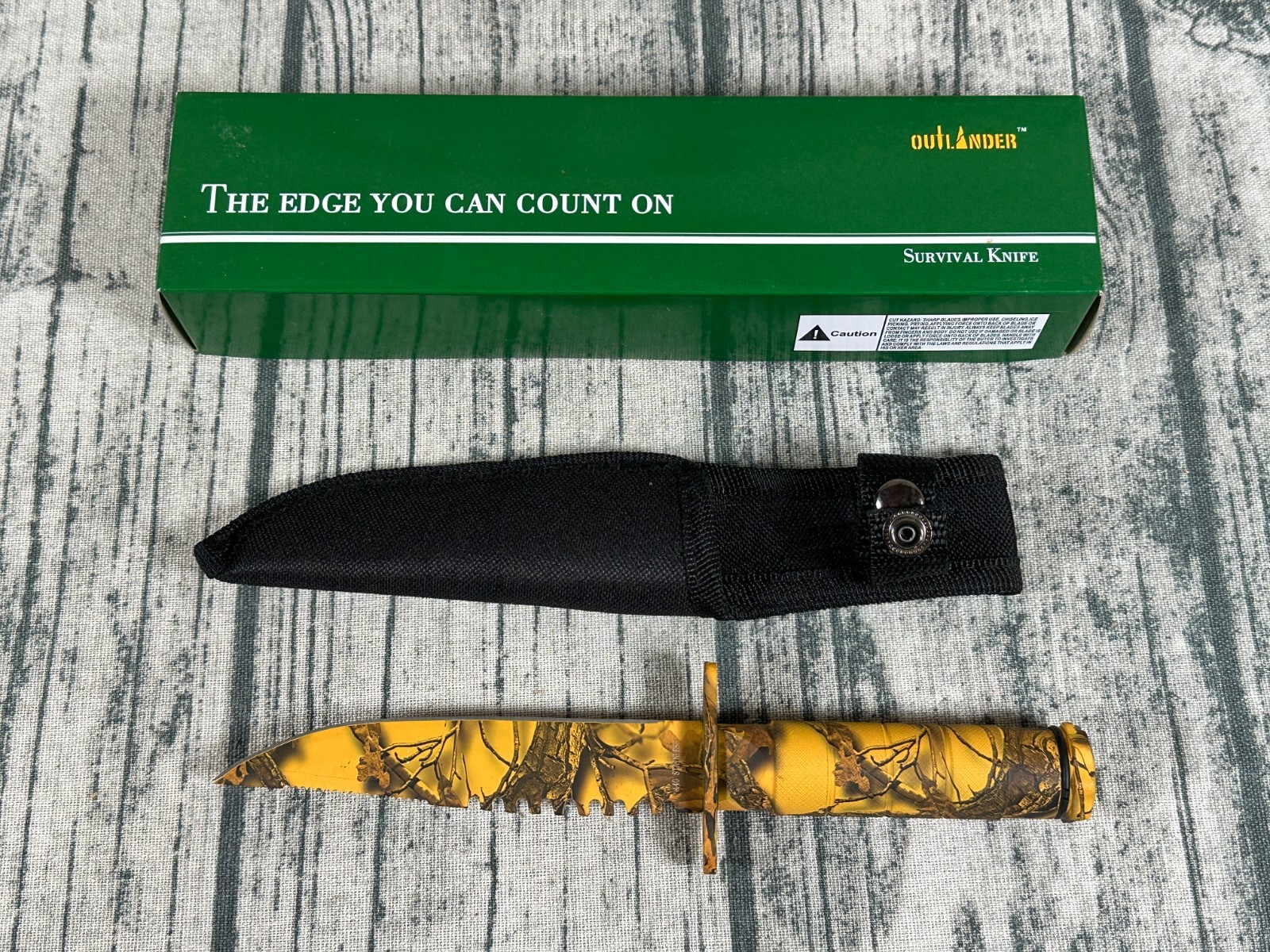 Outlander Survival Knife Brown Camo with Belt Sheath & Compass