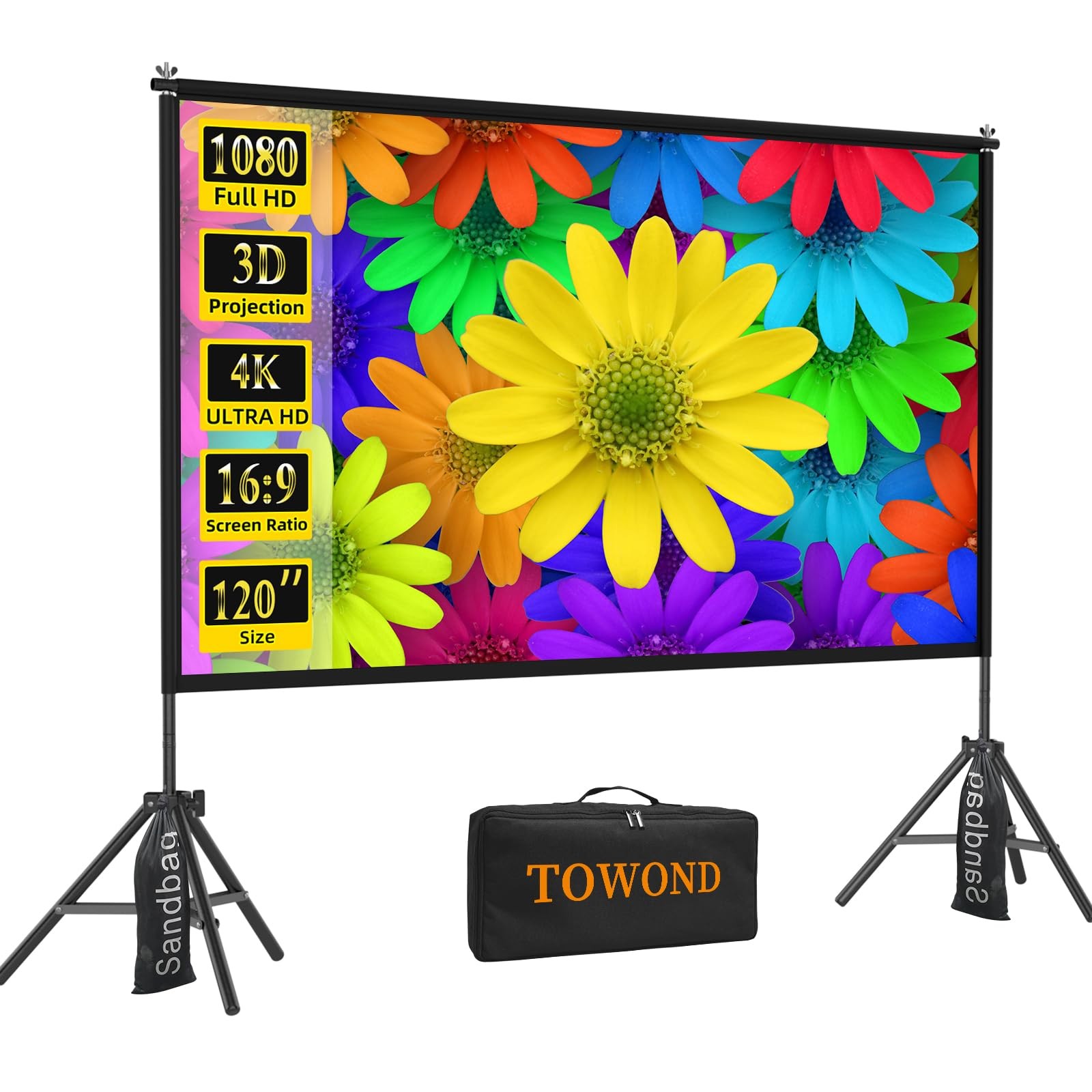 TOWOND Projector Screen with Stand,120 inches Indoor Projector Screen Outdoor Po