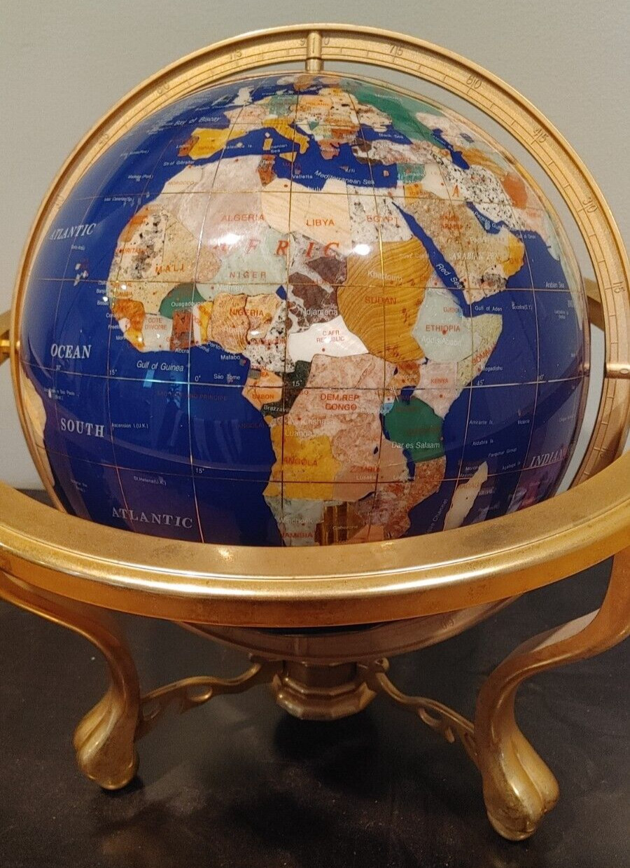 Large 12" Natural Gemstone World Globe & Compass Solid Brass Tripod Footed Stand