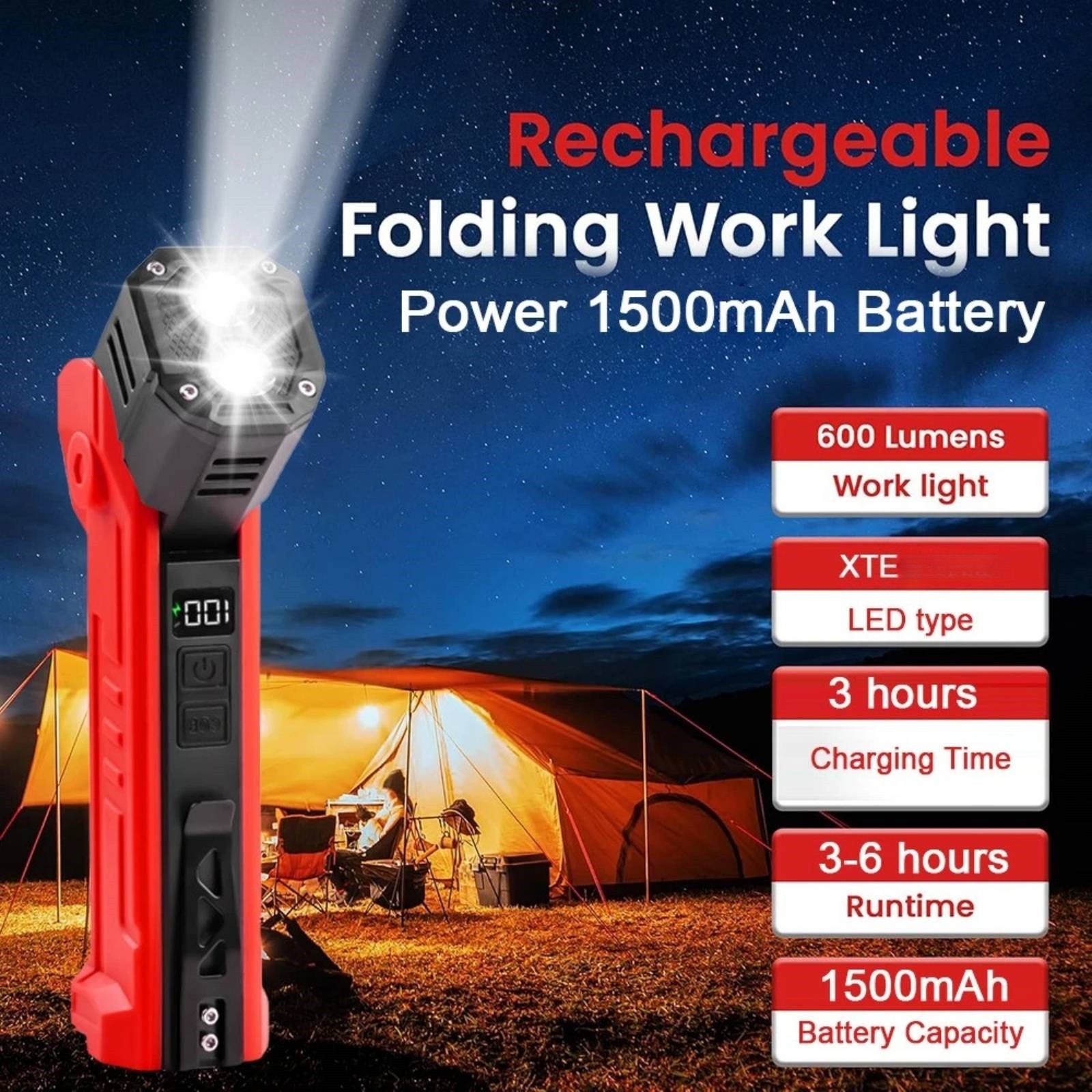 LED Work Light Magnetic Base 600LM Rechargeable Hands-Free Flashlight Lamp