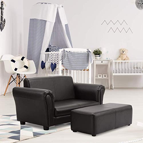 Kids Couch with Footstool, 2 in 1 Double Seat Children's Sofa w/PU Black
