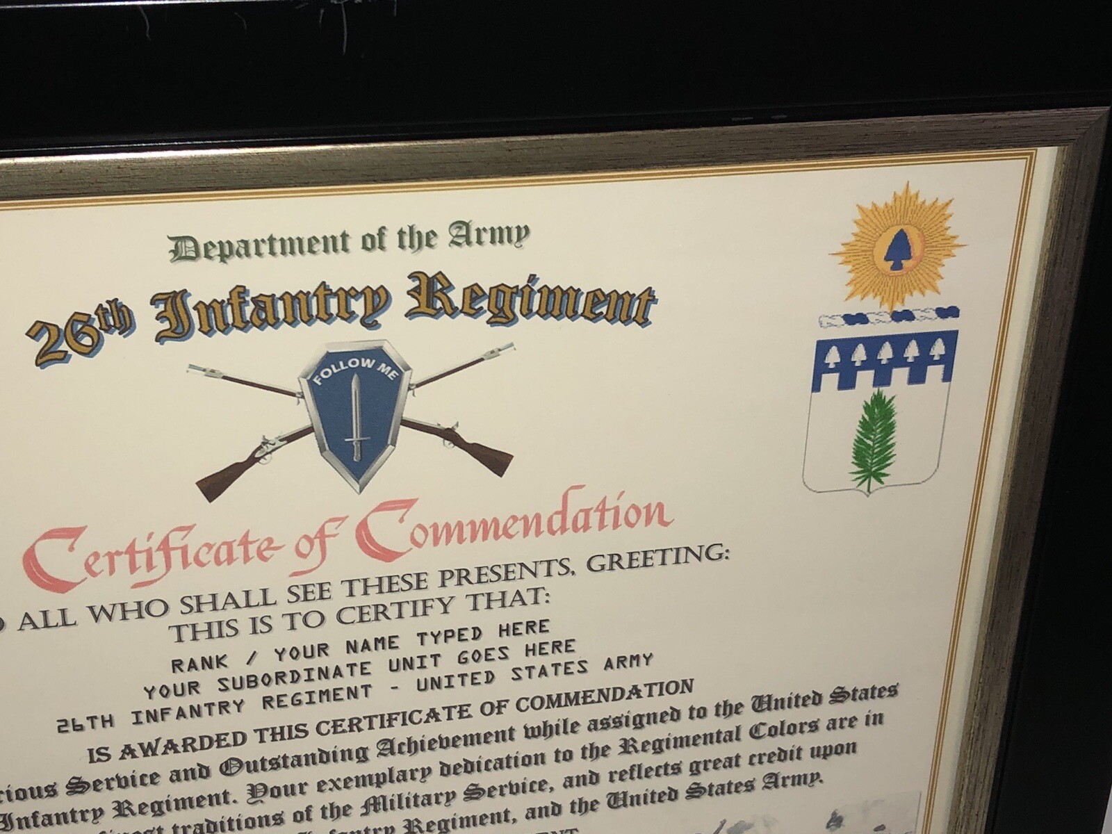 26TH INFANTRY REGIMENT / COMMEMORATIVE - CERTIFICATE OF COMMENDATION