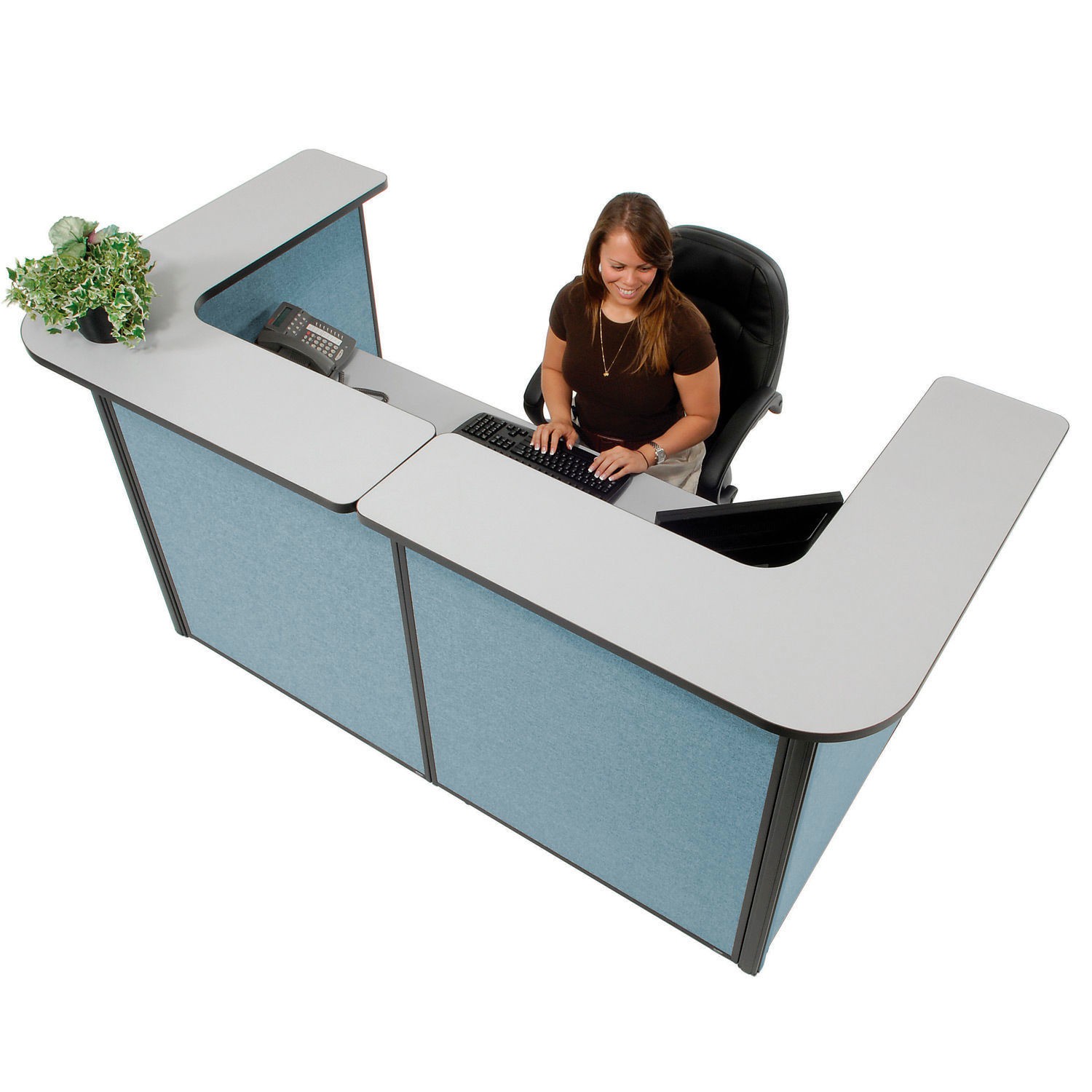 88" W x 44"D x 44"H U-Shaped Reception Station Gray counter/Blue Panel