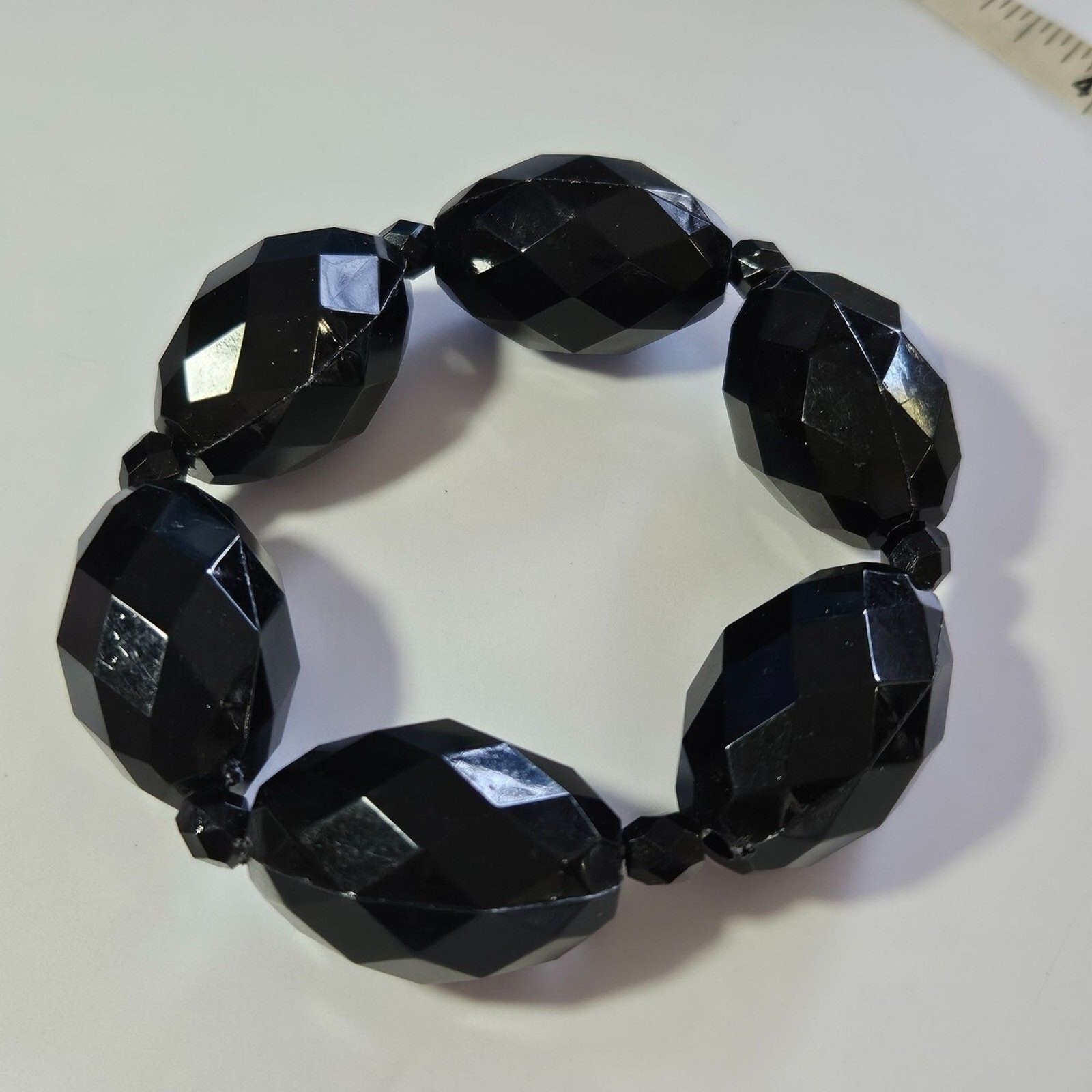 Black Faceted Chunky Bead Bracelet 7.25"